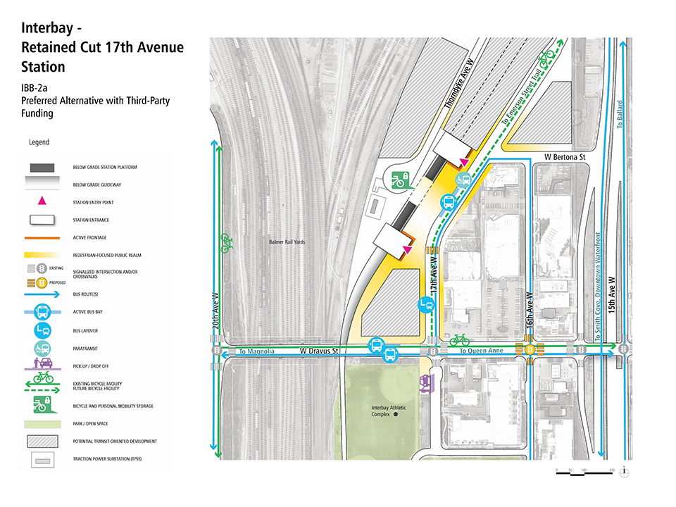 A map that describes how pedestrians, bus riders, bicyclists, and drivers could access the Interbay - Retained Cut Seventeenth Avenue Station Alternative.